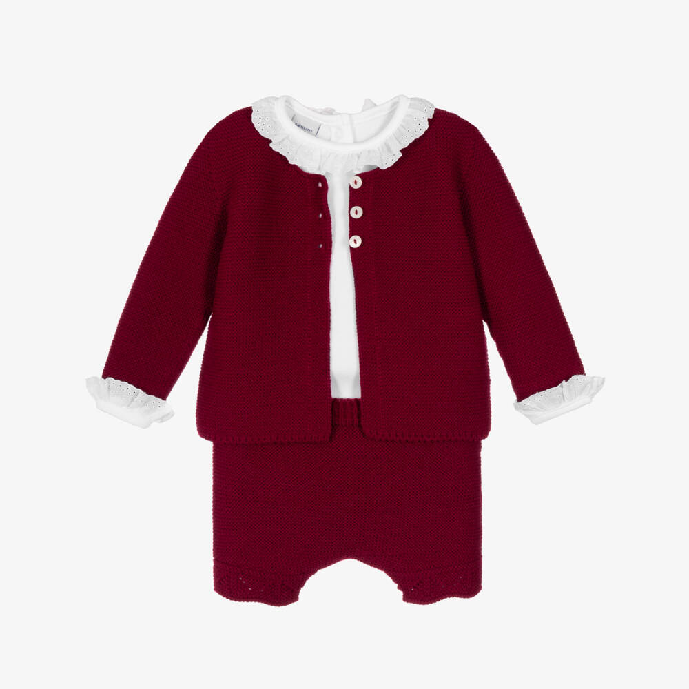 Babidu-Girls Burgundy Red Knitted Shorts Set | Childrensalon
