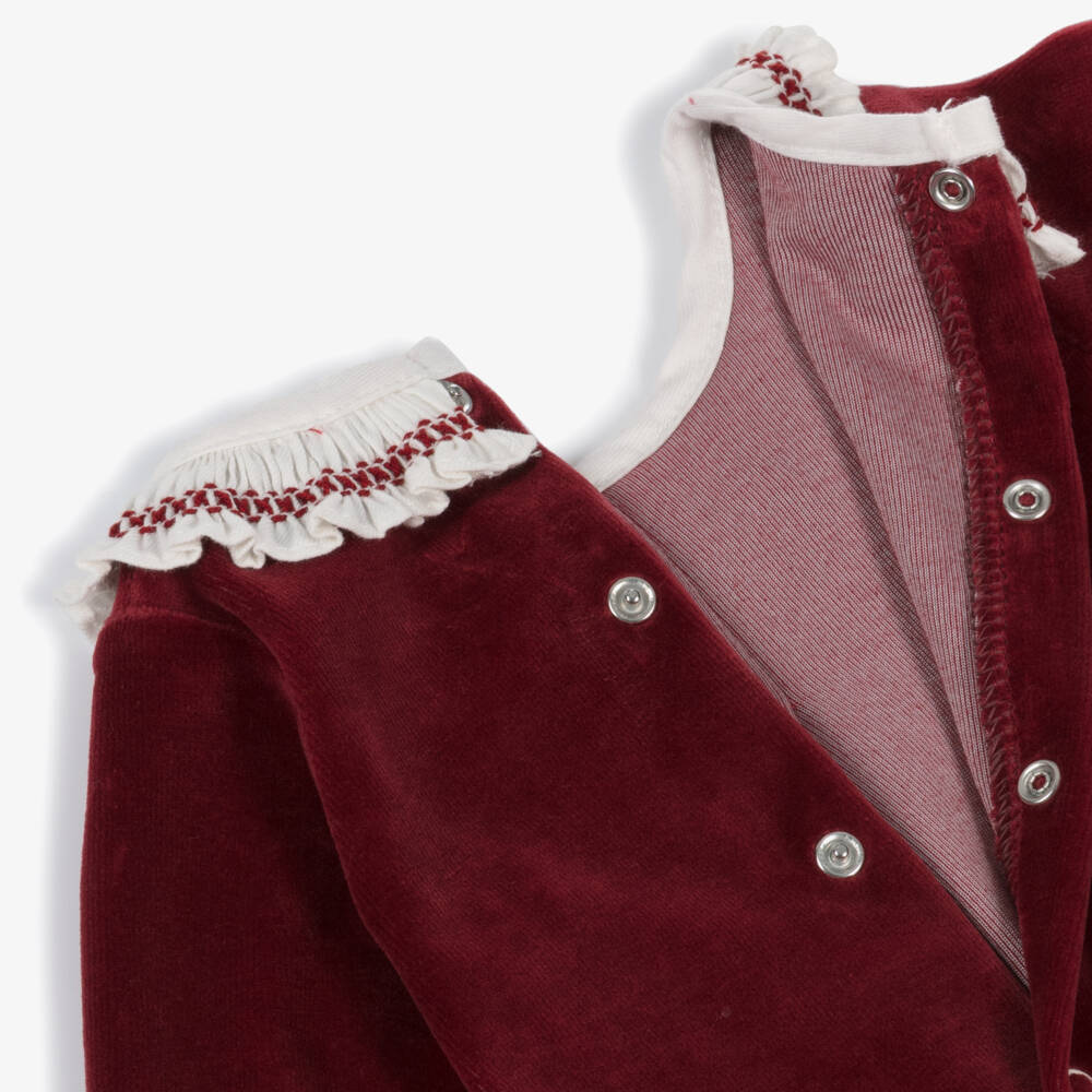 Babidu-Girls Burgundy Red Velour Babygrow with Ruffle Collar | Childrensalon