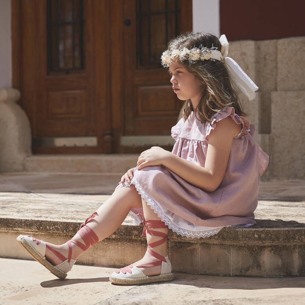 Babidu-Girls Dusky Pink Cotton Dress with Lace Trims | Childrensalon