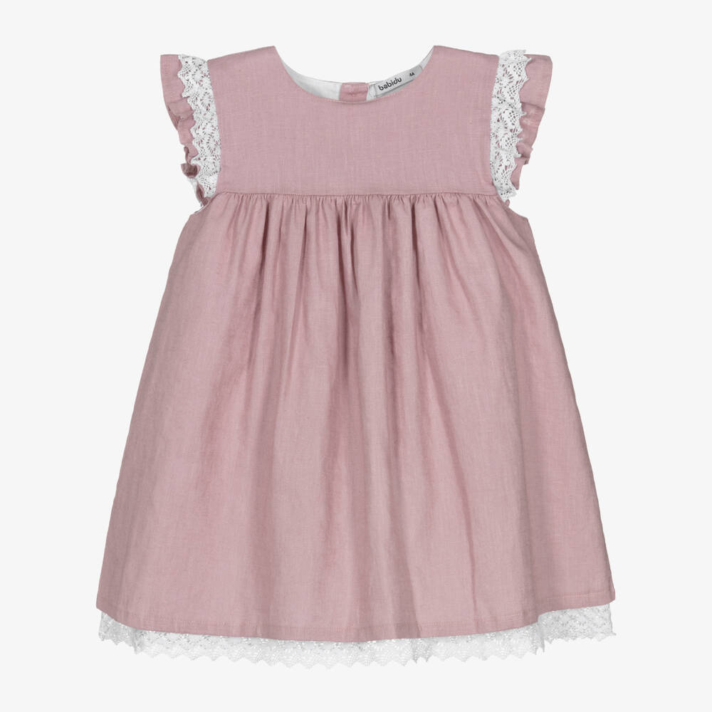 Babidu-Girls Dusky Pink Cotton Dress with Lace Trims | Childrensalon