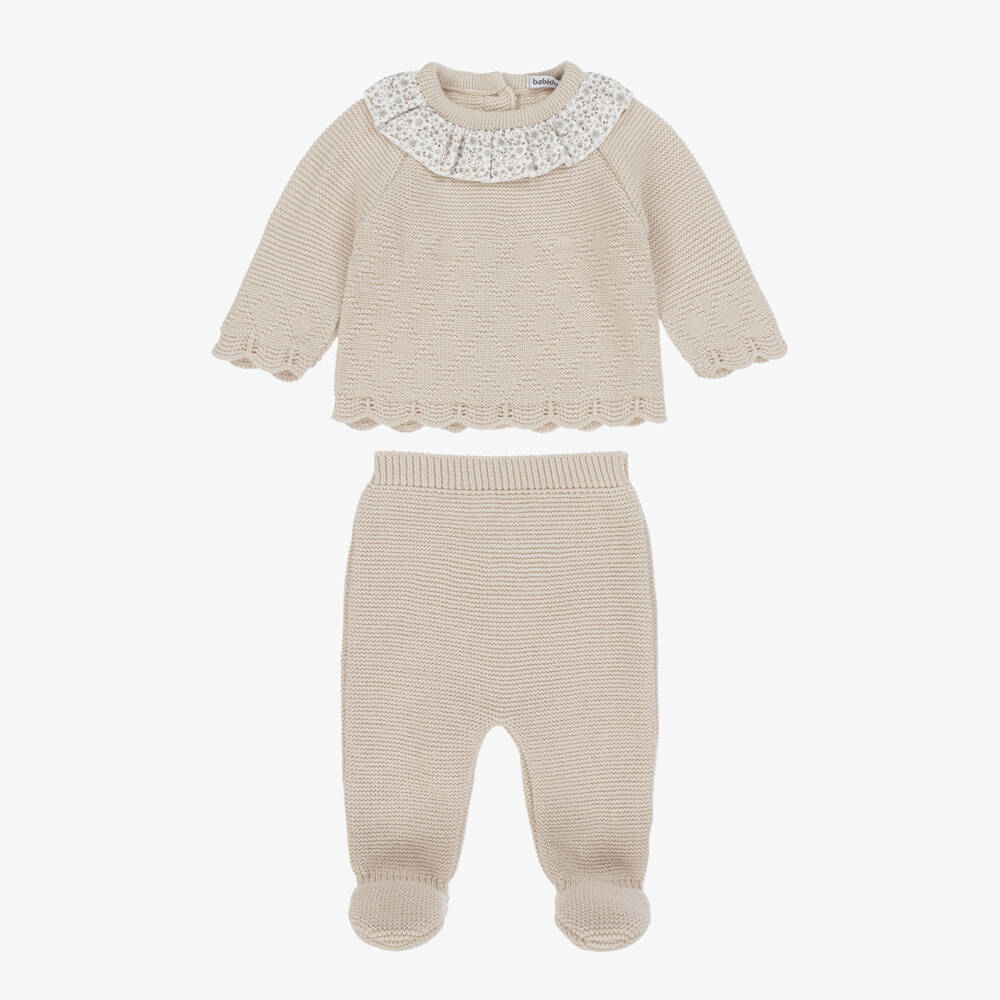 Babidu-Girls Floral & Beige Knitted 2 Piece Babysuit Set | Childrensalon