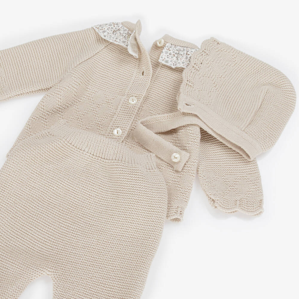Babidu-Girls Floral & Beige Knitted 2 Piece Babysuit Set | Childrensalon