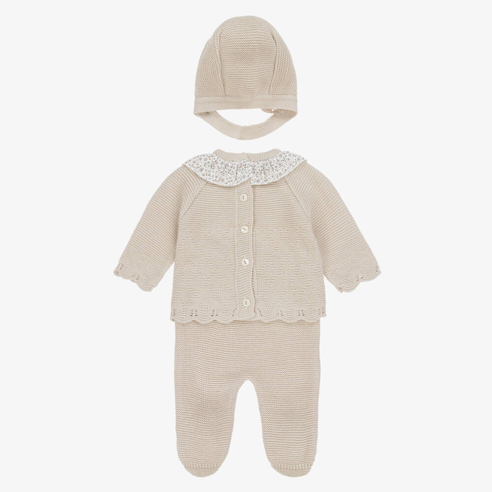 Babidu-Girls Floral & Beige Knitted 2 Piece Babysuit Set | Childrensalon