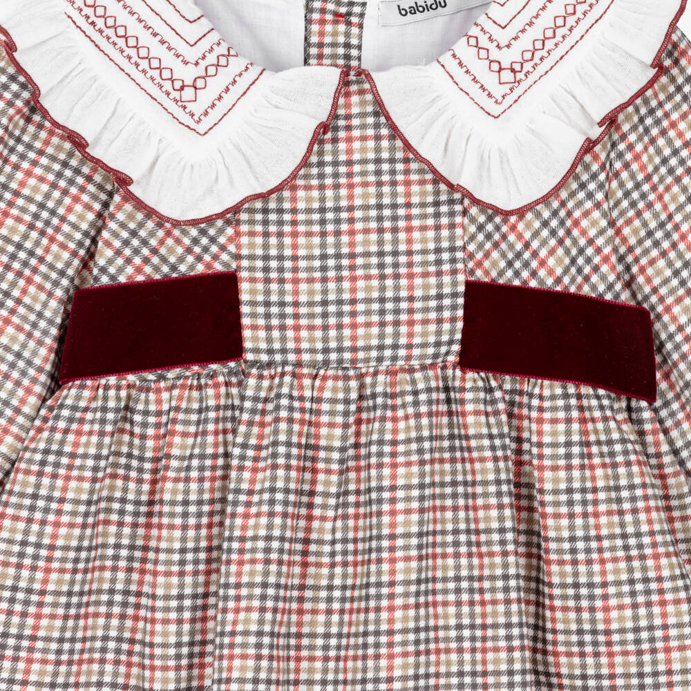 Babidu-Girls Green & Burgundy Check Dress | Childrensalon