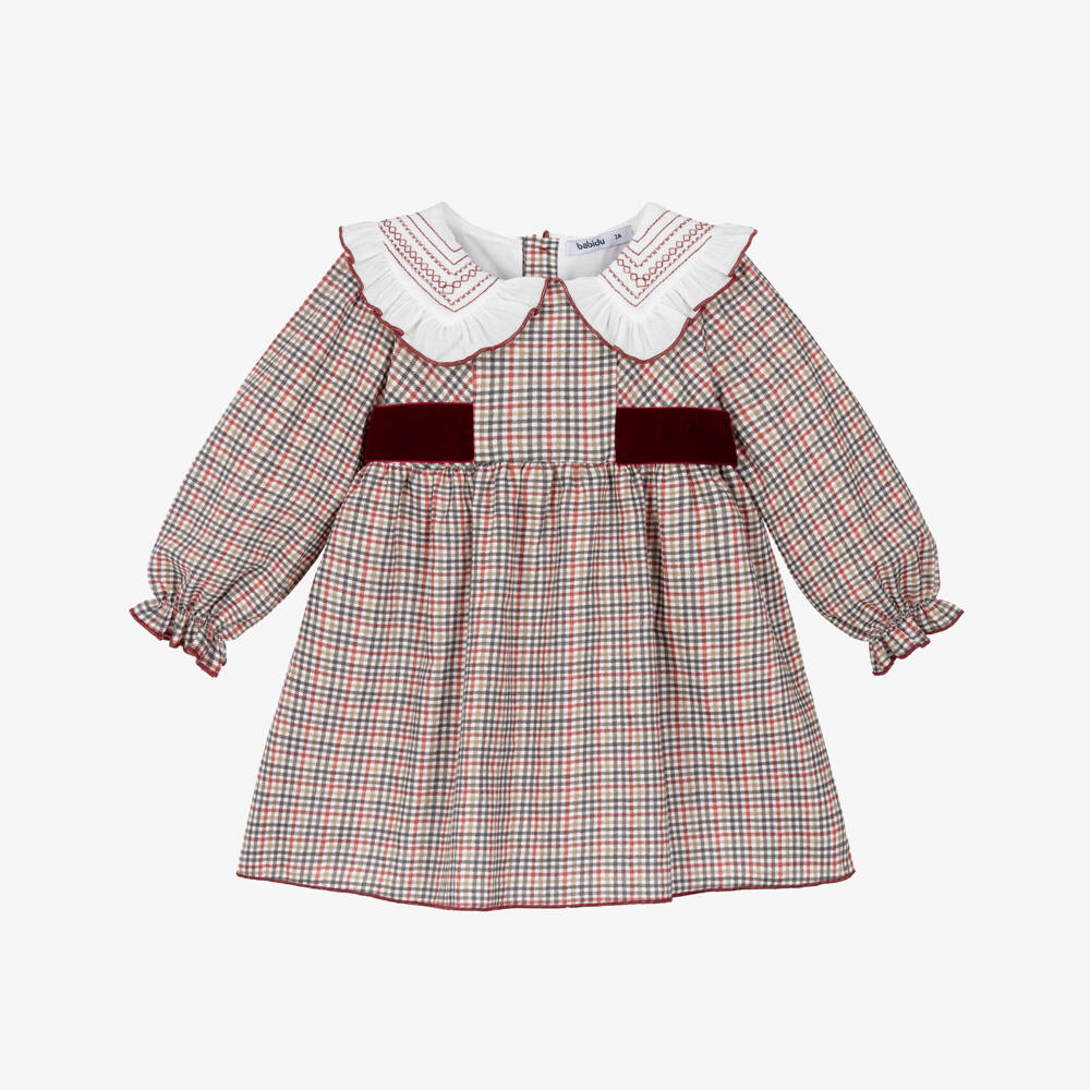 Babidu-Girls Green & Burgundy Check Dress | Childrensalon