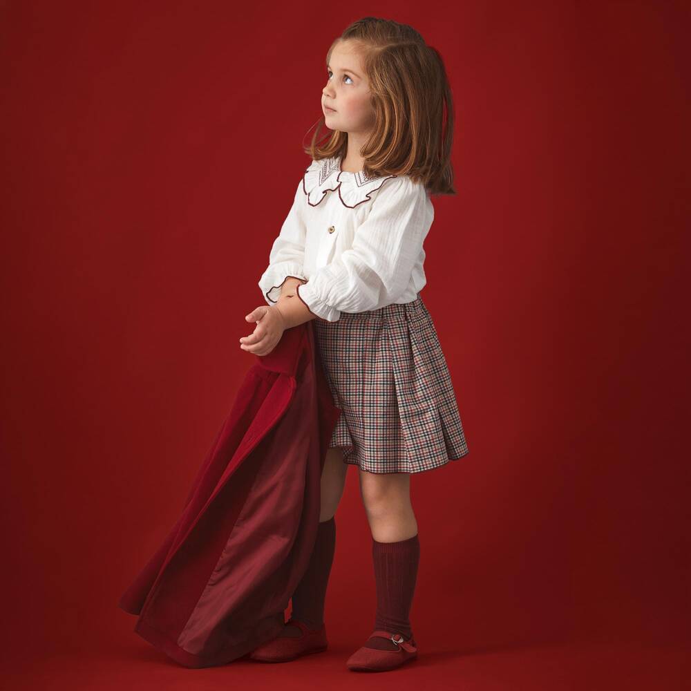 Babidu-Girls Green & Burgundy Checked Skirt Set | Childrensalon