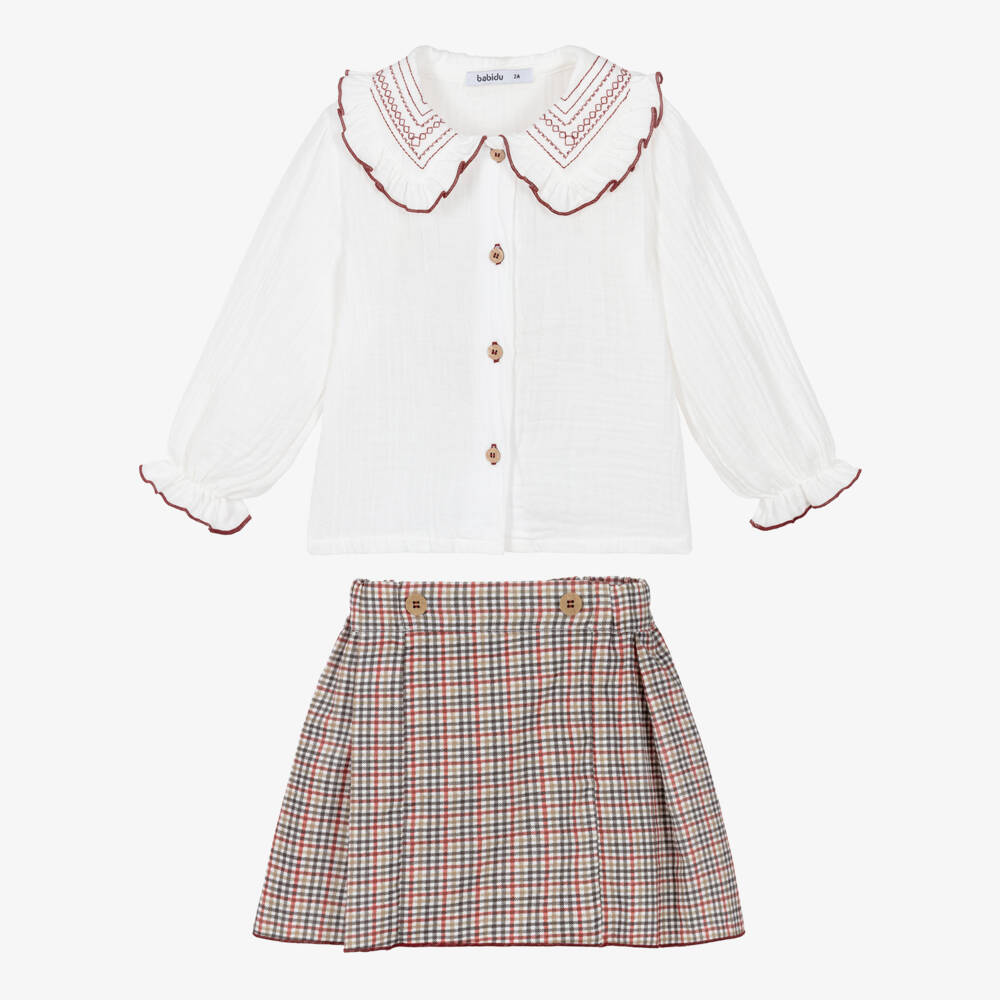 Babidu-Girls Green & Burgundy Checked Skirt Set | Childrensalon