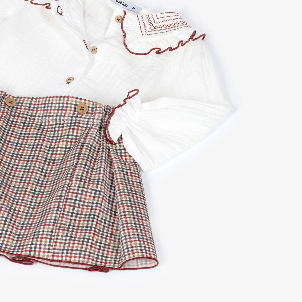 Babidu-Girls Green & Burgundy Checked Skirt Set | Childrensalon