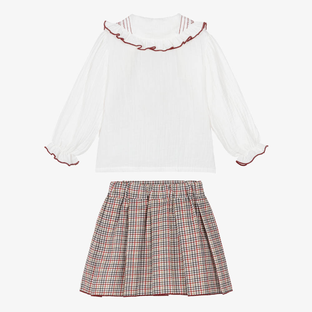Babidu-Girls Green & Burgundy Checked Skirt Set | Childrensalon