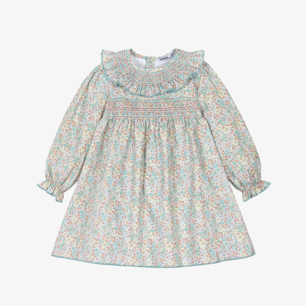 Babidu-Girls Green Floral Smocked Dress | Childrensalon