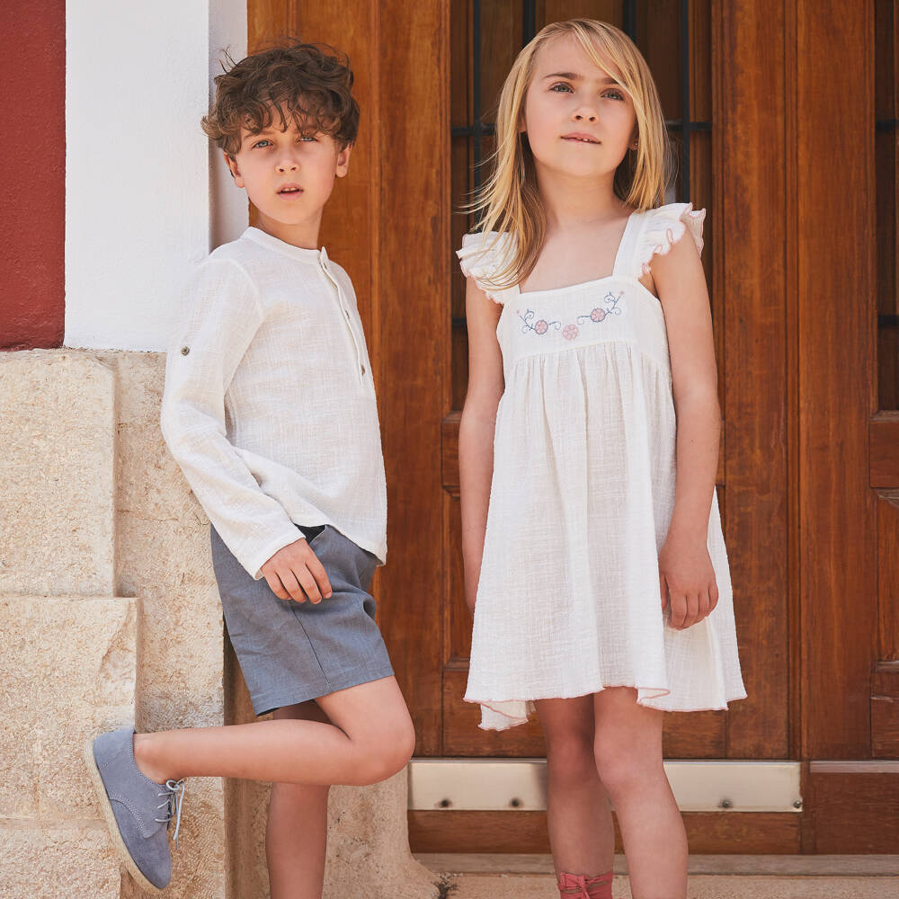 Babidu-Girls Ivory Cotton Dress with Pink Floral Embroidery | Childrensalon