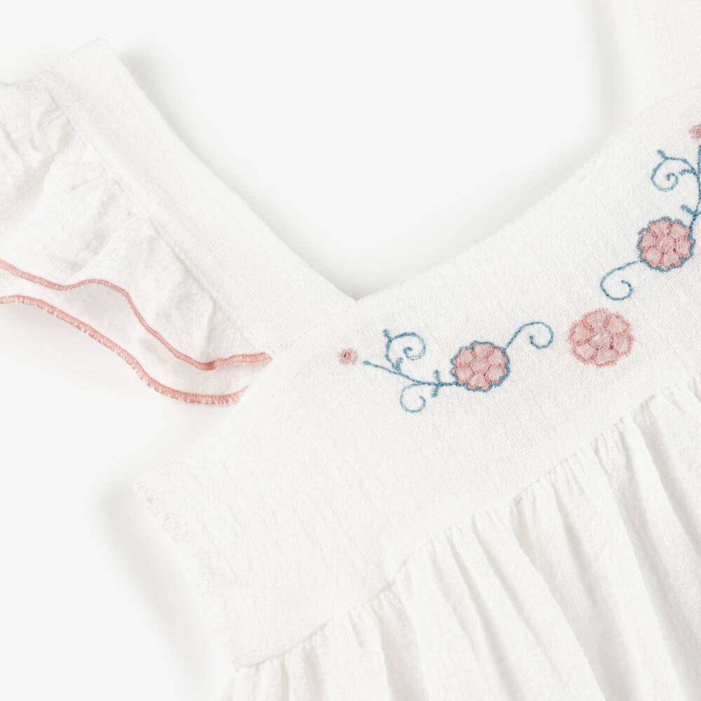 Babidu-فستان قطن بتطريز ورود لون عاجي للبنات | Childrensalon