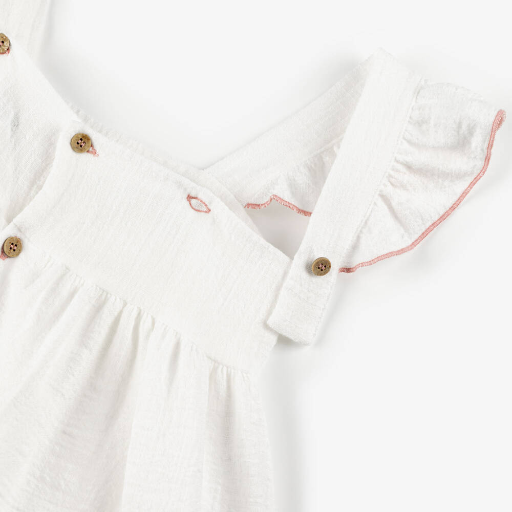 Babidu-فستان قطن بتطريز ورود لون عاجي للبنات | Childrensalon