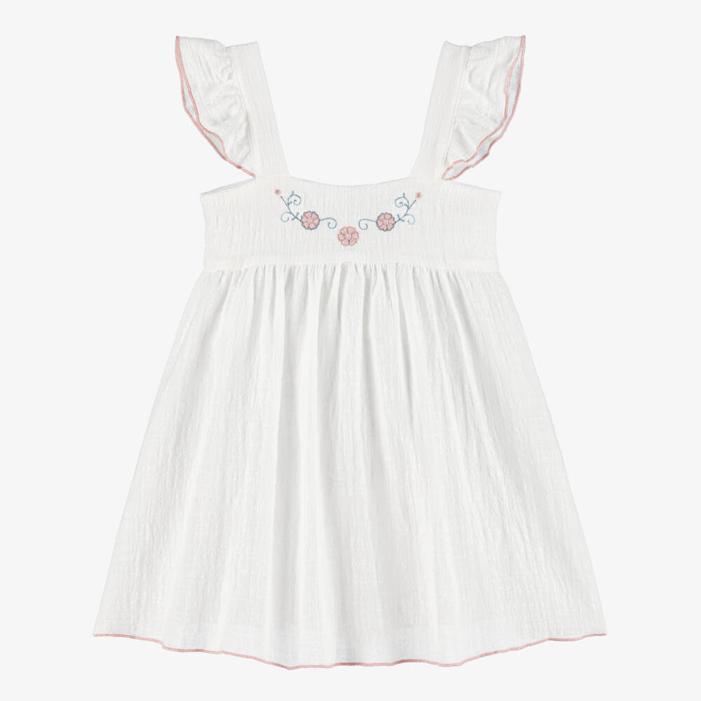 Babidu-فستان قطن بتطريز ورود لون عاجي للبنات | Childrensalon