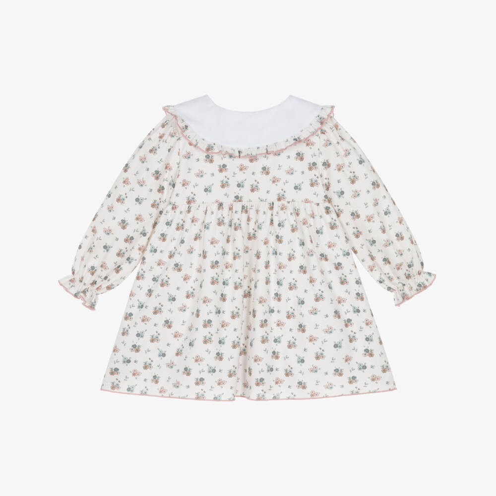Babidu-Girls Ivory Cotton Floral Dress with Frilly Trims | Childrensalon