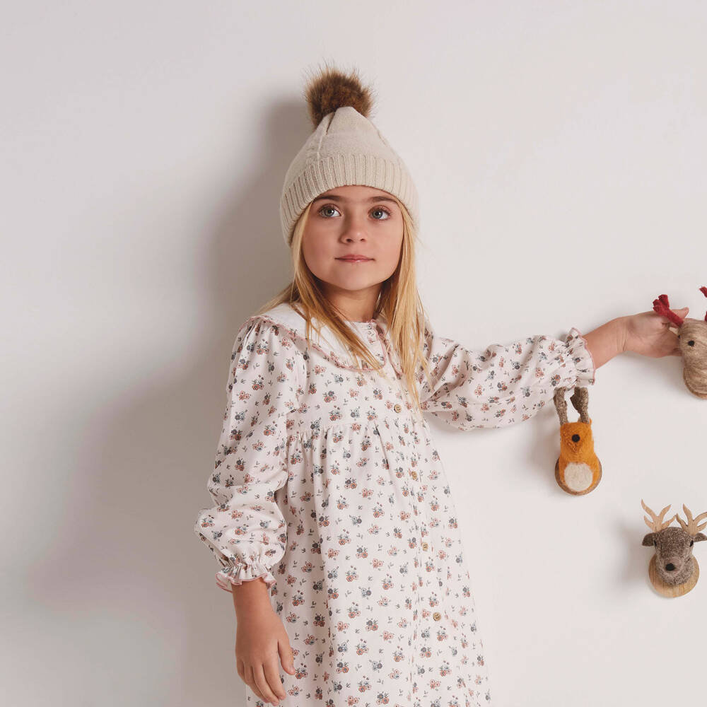 Babidu-Girls Ivory Cotton Floral Dress with Frilly Trims | Childrensalon