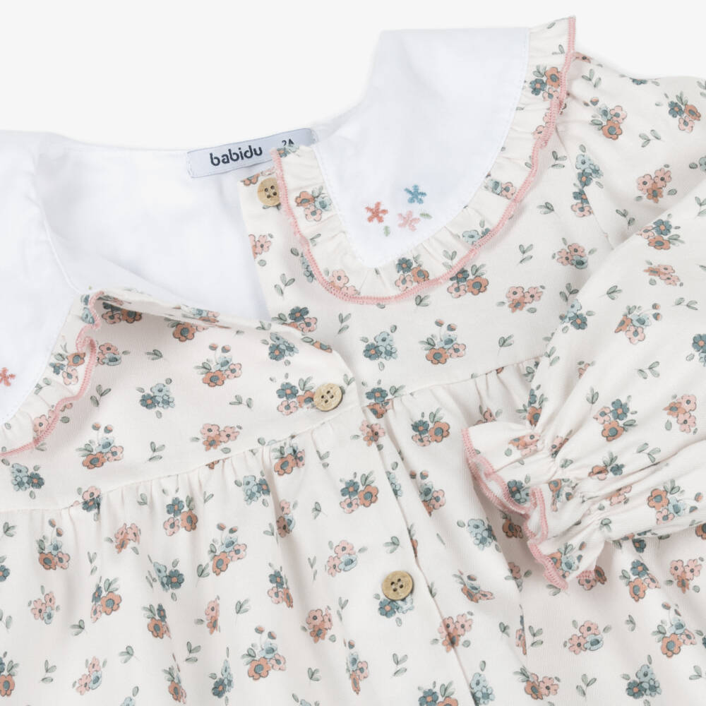 Babidu-Girls Ivory Cotton Floral Dress with Frilly Trims | Childrensalon