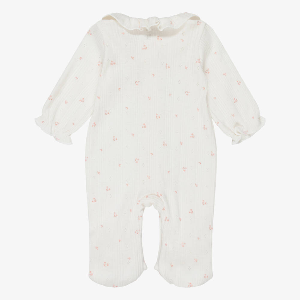 Babidu-Girls Ivory Cotton Jersey Babygrow with Pink Floral Print | Childrensalon