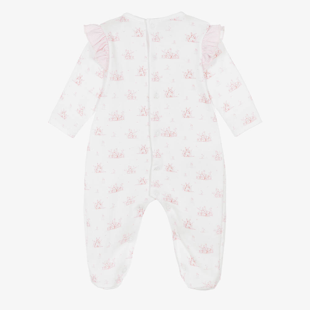 Babidu-Girls Ivory & Pink Bunny Print Cotton Babygrow | Childrensalon
