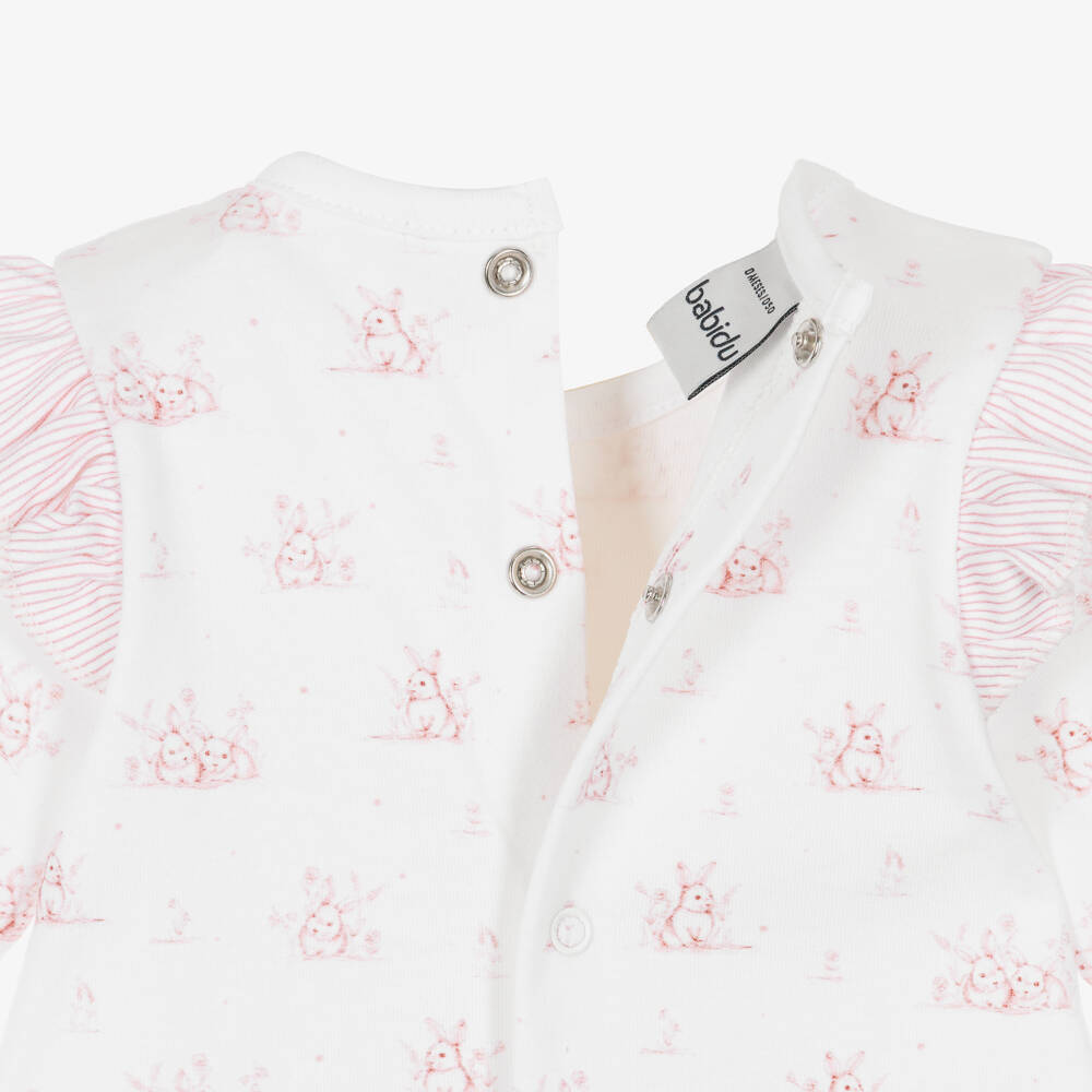 Babidu-Girls Ivory & Pink Bunny Print Cotton Babygrow | Childrensalon