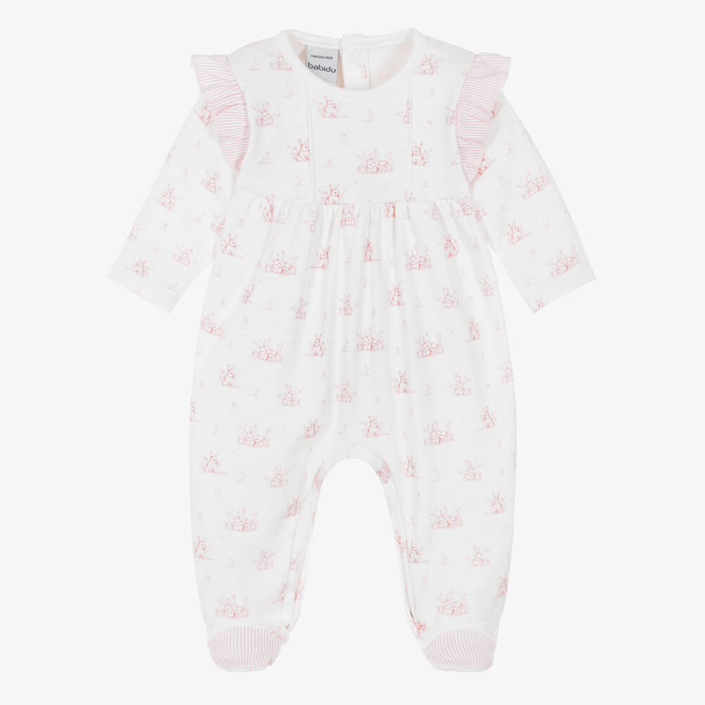 Babidu-Girls Ivory & Pink Bunny Print Cotton Babygrow | Childrensalon