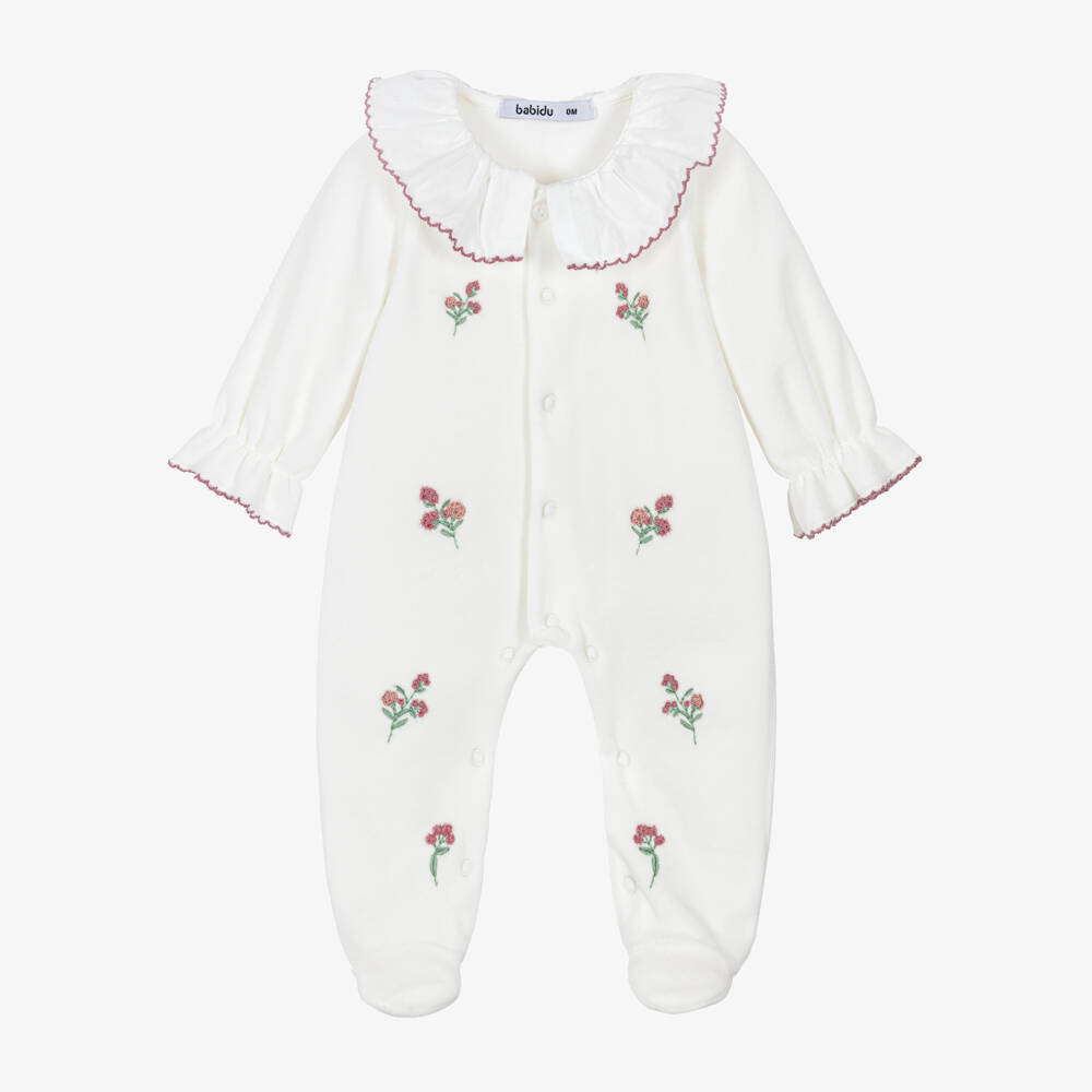 Babidu-Girls Ivory Velour Babygrow with Embroidered Florals | Childrensalon