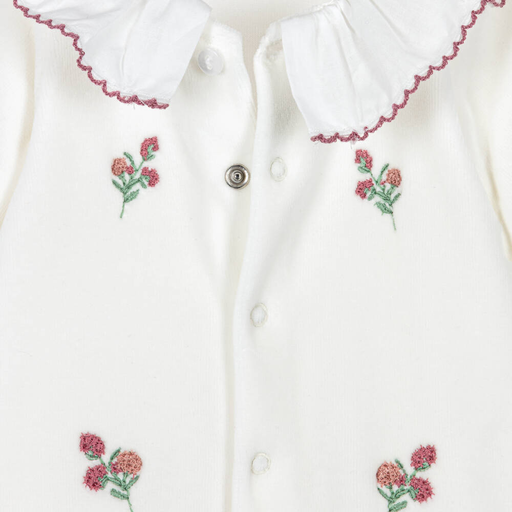 Babidu-Girls Ivory Velour Babygrow with Embroidered Flowers | Childrensalon