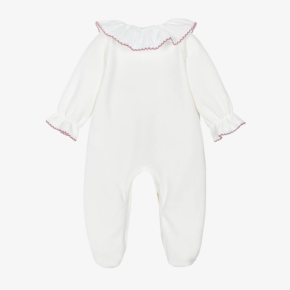 Babidu-Girls Ivory Velour Babygrow with Embroidered Flowers | Childrensalon