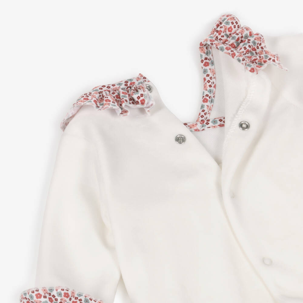 Babidu-Girls Ivory Velour Babygrow with Pink Floral Ruffles | Childrensalon