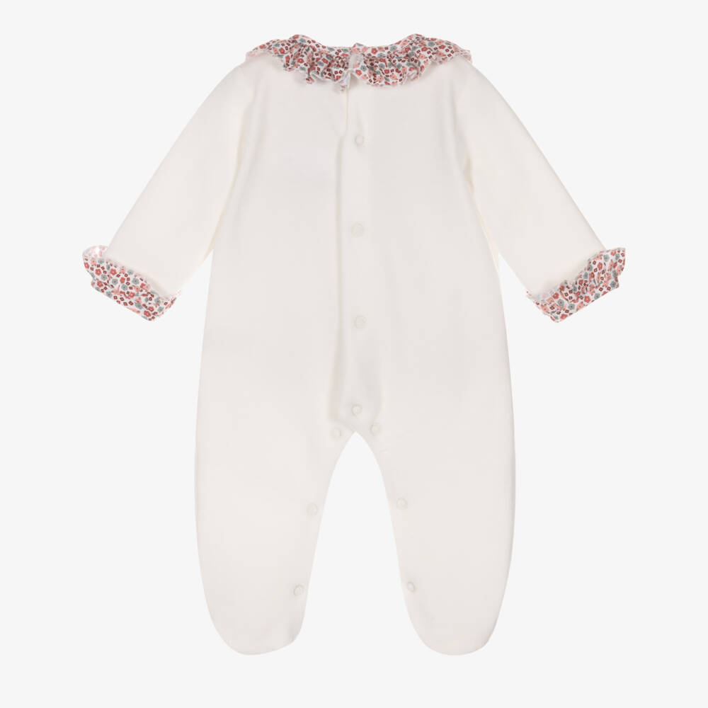 Babidu-Girls Ivory Velour Babygrow with Pink Floral Ruffles | Childrensalon