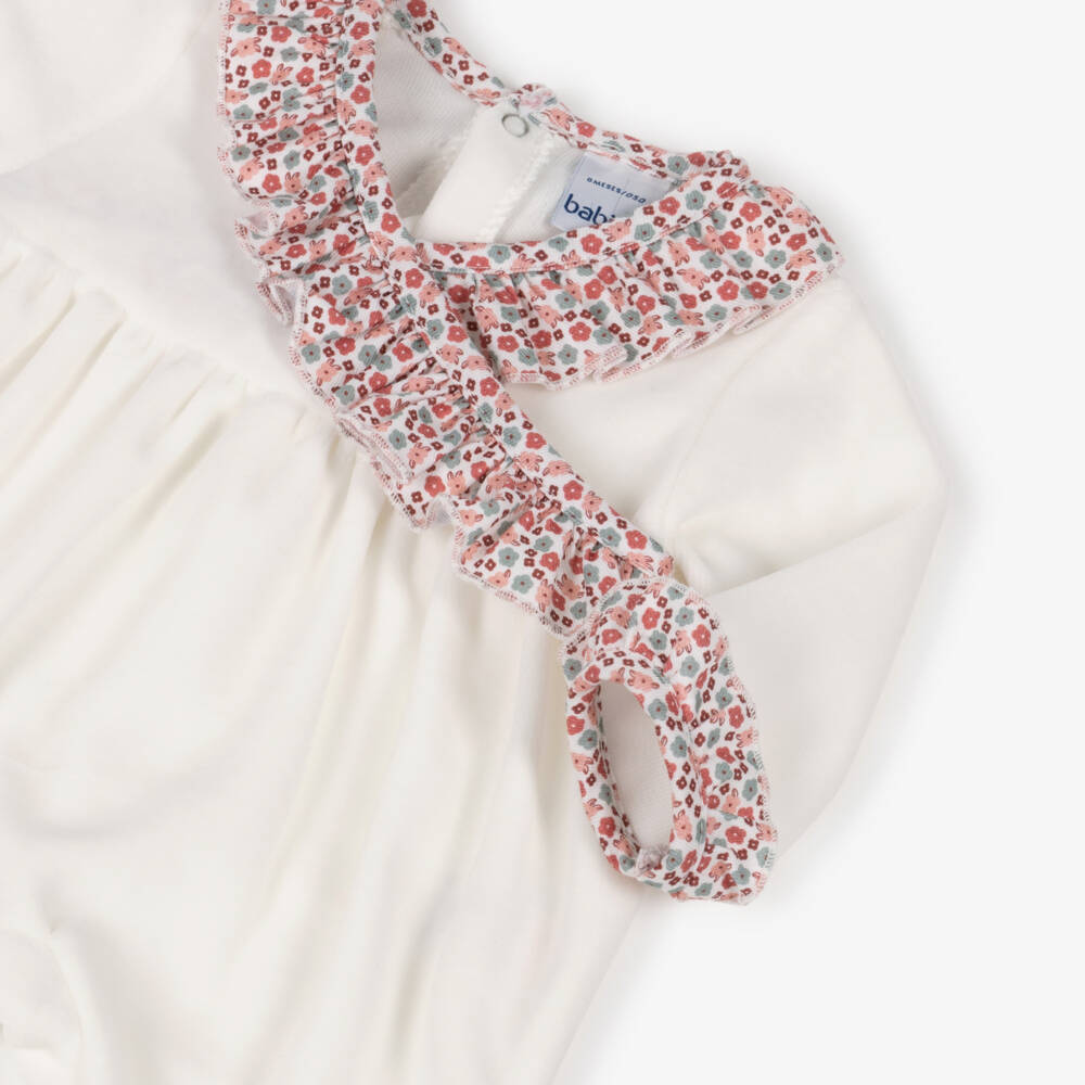 Babidu-Girls Ivory Velour Babygrow with Pink Floral Ruffles | Childrensalon