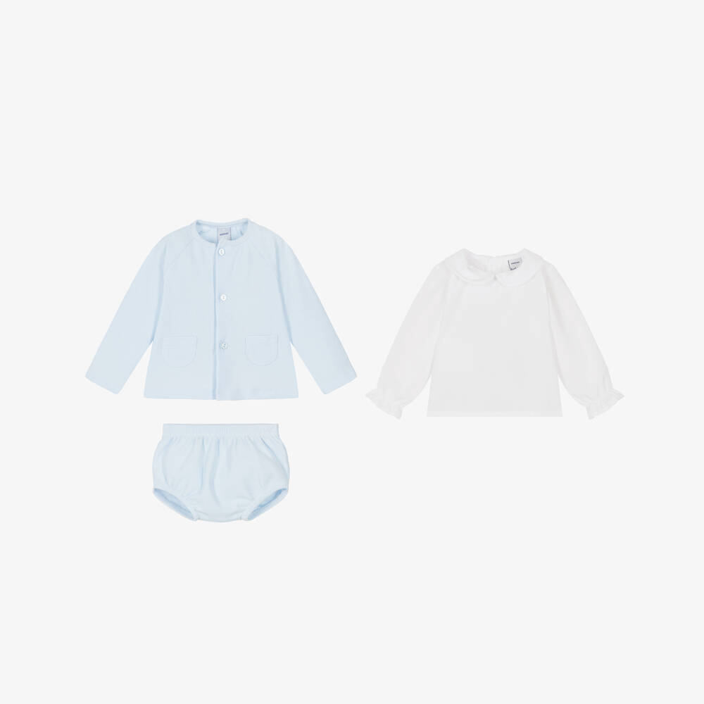 Babidu-Girls Pale Blue Cotton Piqué Shorts Set | Childrensalon