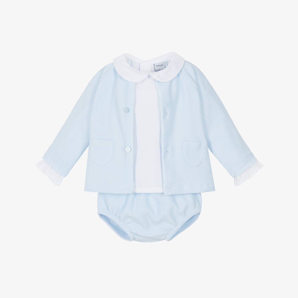 Babidu-Girls Pale Blue Cotton Piqué Shorts Set | Childrensalon