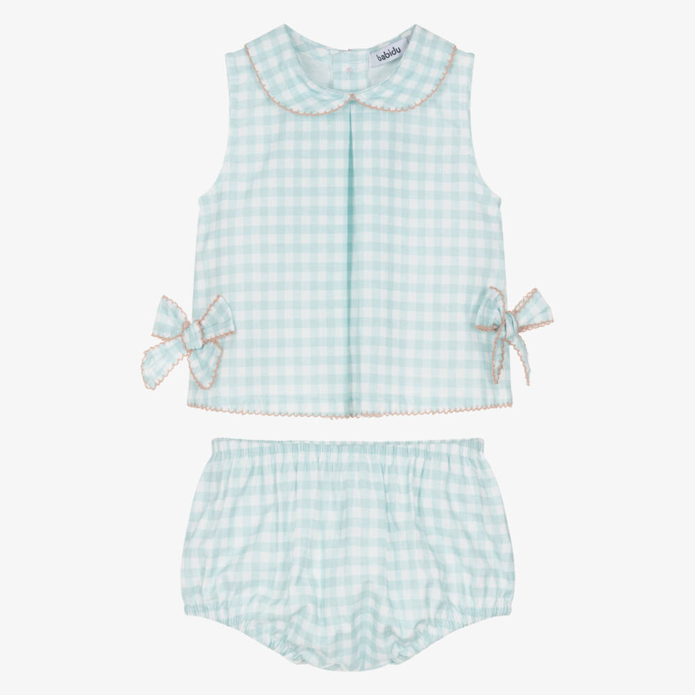 Babidu-Girls Pale Green Gingham Cotton Shorts Set with Bows | Childrensalon