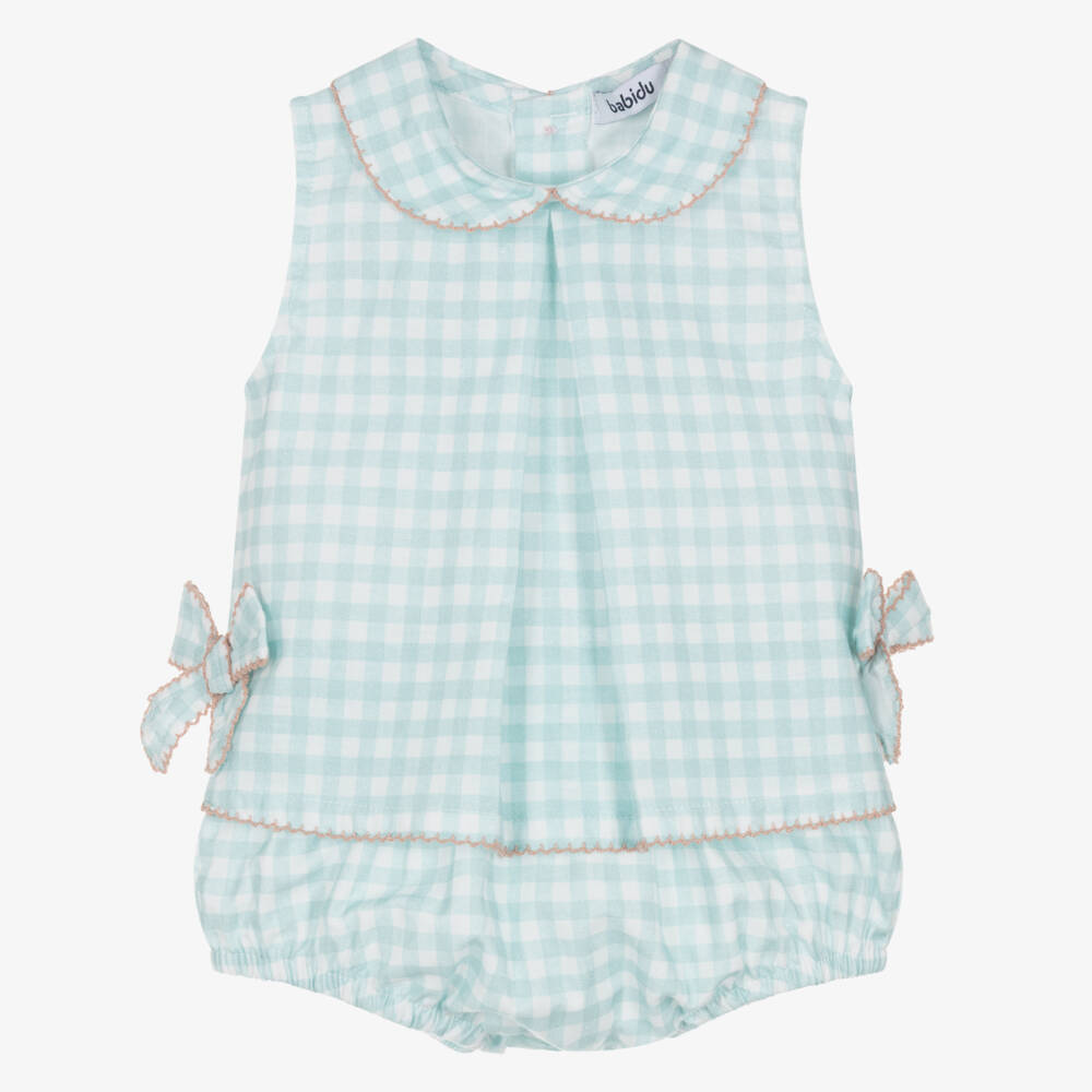 Babidu-Girls Pale Green Gingham Cotton Shorts Set with Bows | Childrensalon