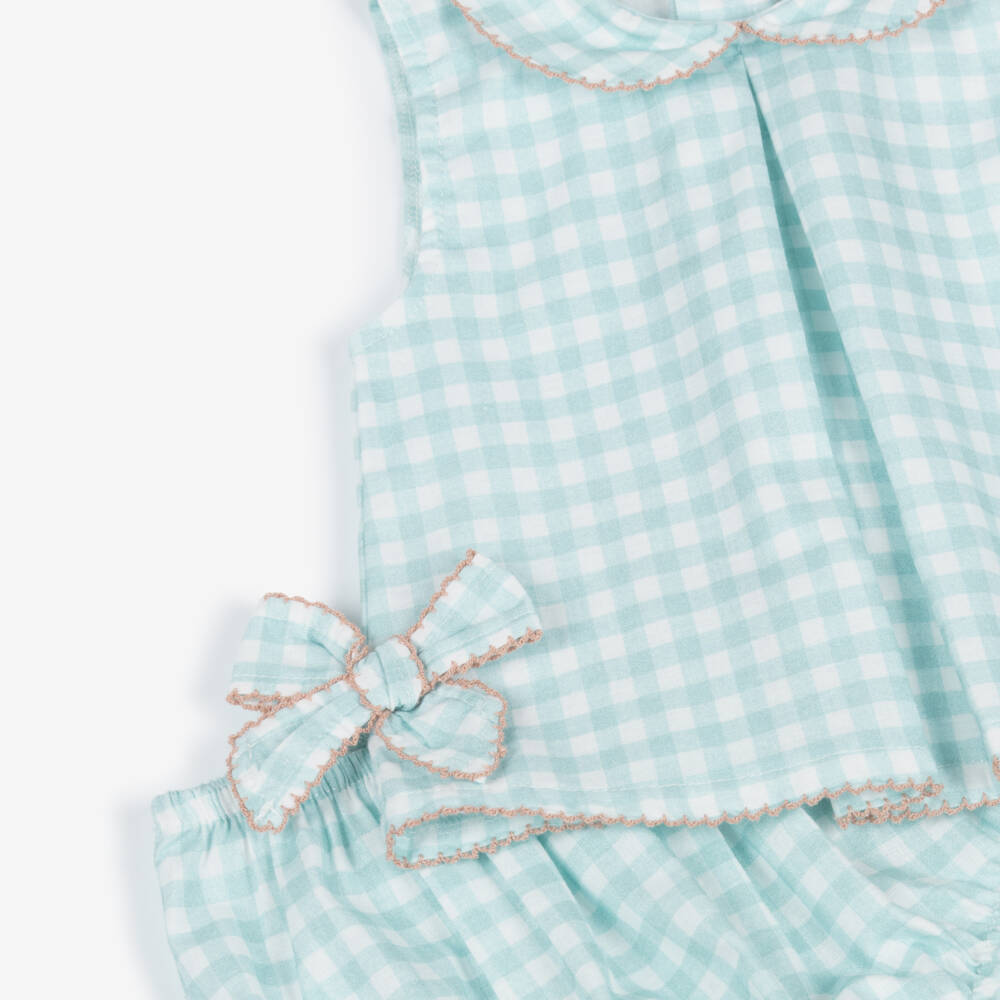 Babidu-Girls Pale Green Gingham Cotton Shorts Set with Bows | Childrensalon