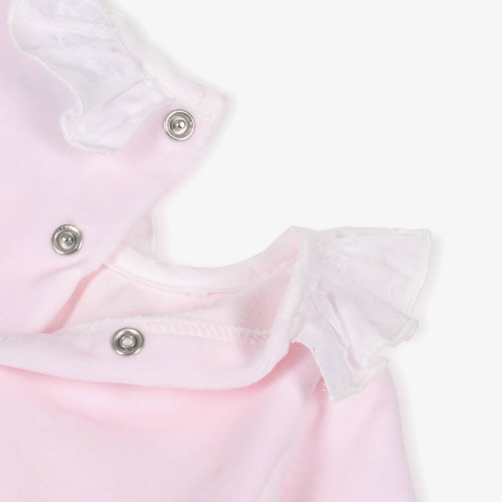 Babidu-Girls Pale Pink 2 Piece Velour Babygrow with Plumeti Trim | Childrensalon