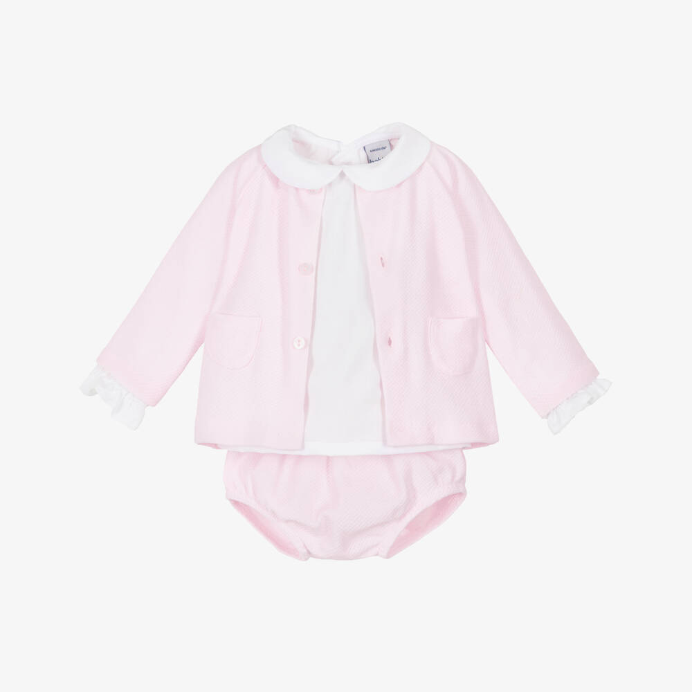 Babidu-Girls Pale Pink Cotton Piqué Shorts Set | Childrensalon
