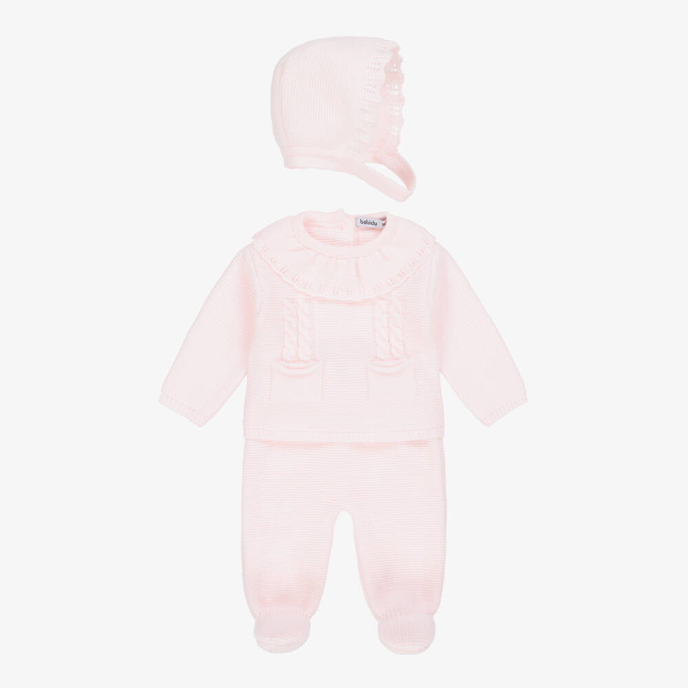 Babidu-Girls Pale Pink Knitted 2 Piece Babysuit Set | Childrensalon