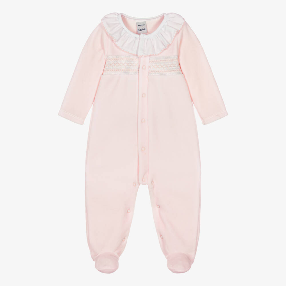 Babidu-Girls Pale Pink Smocked Velour Babygrow | Childrensalon