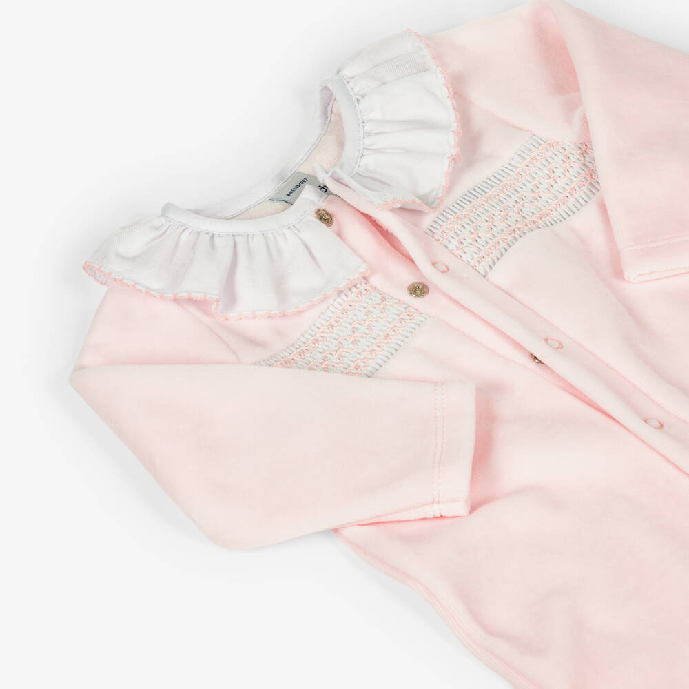 Babidu-Girls Pale Pink Smocked Velour Babygrow | Childrensalon