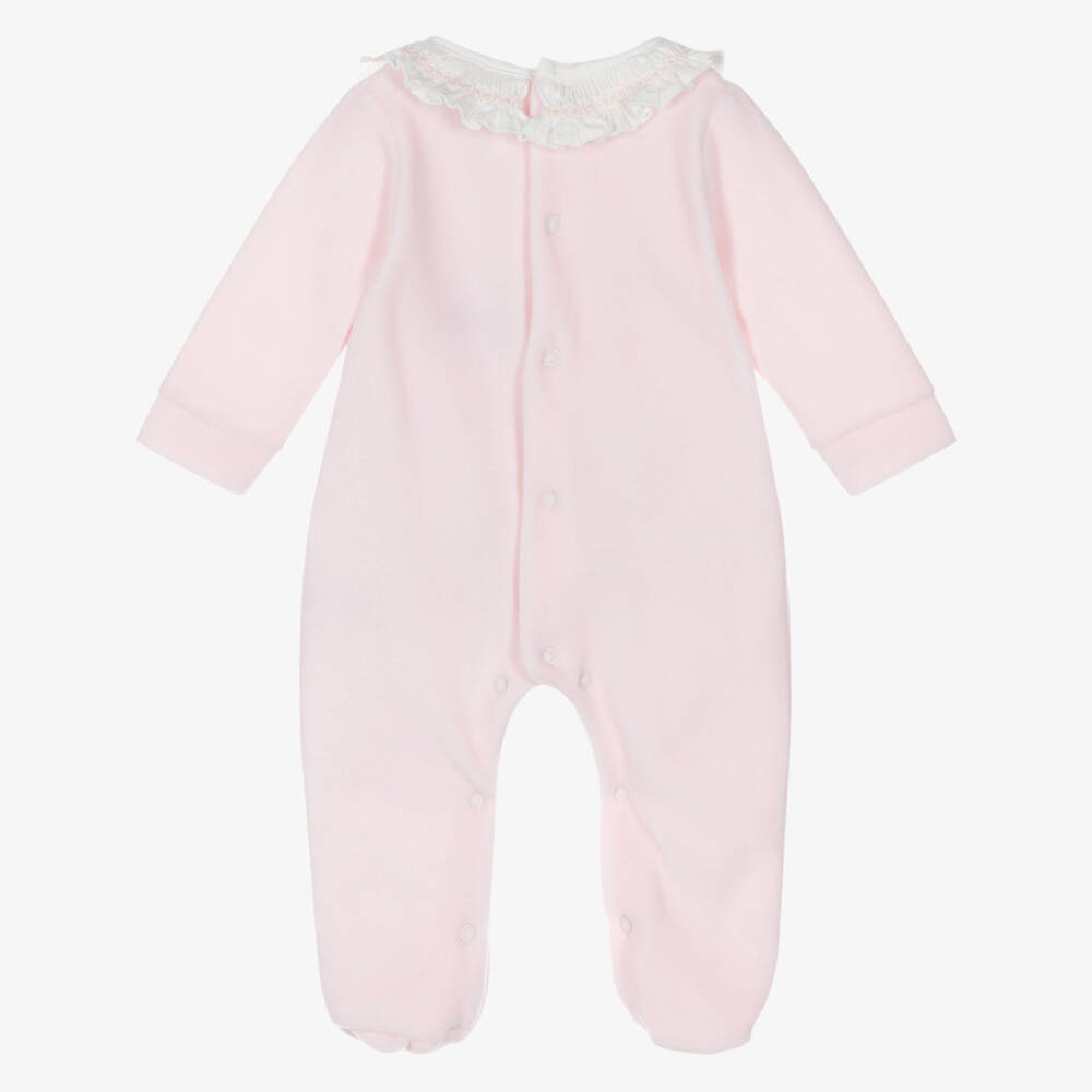 Babidu-Girls Pale Pink Velour Babygrow with Ruffle Collar  | Childrensalon