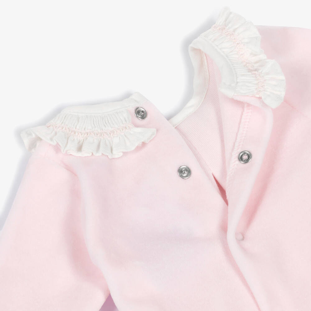 Babidu-Girls Pale Pink Velour Babygrow with Ruffle Collar  | Childrensalon