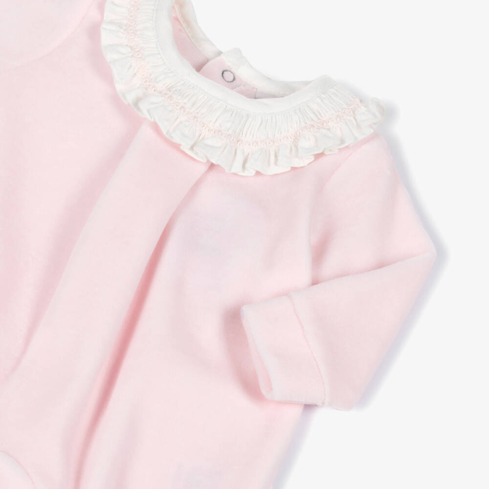 Babidu-Girls Pale Pink Velour Babygrow with Ruffle Collar  | Childrensalon