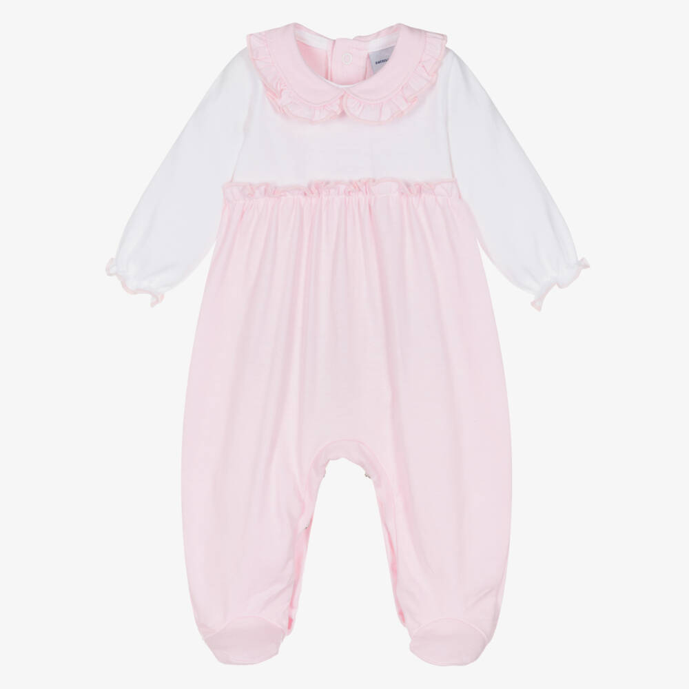 Babidu-Girls Pale Pink & White Cotton Jersey Babygrow | Childrensalon