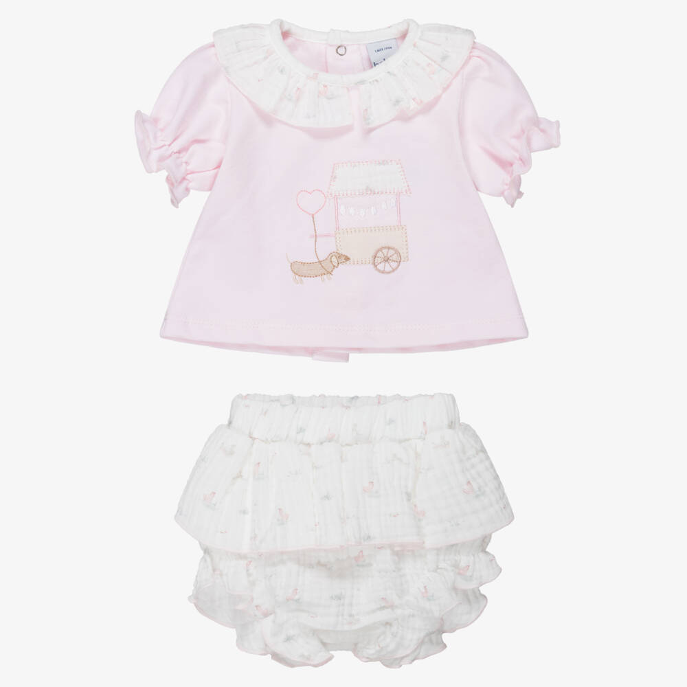 Babidu-Girls Pale Pink & White Cotton Ruffle Shorts Set | Childrensalon