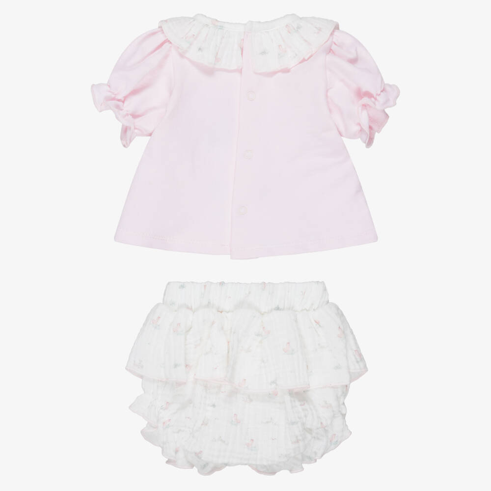 Babidu-Girls Pale Pink & White Cotton Ruffle Shorts Set | Childrensalon