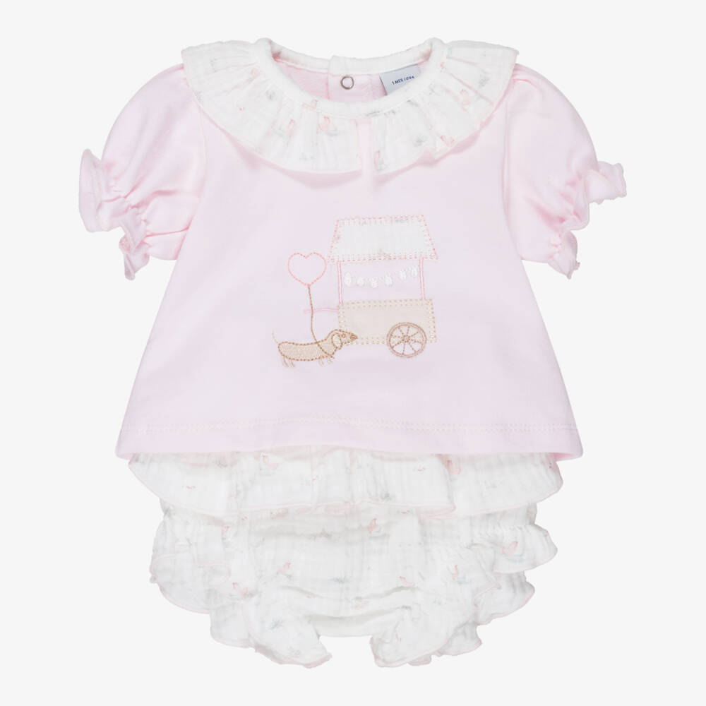 Babidu-Girls Pale Pink & White Ruffle Shorts Set | Childrensalon