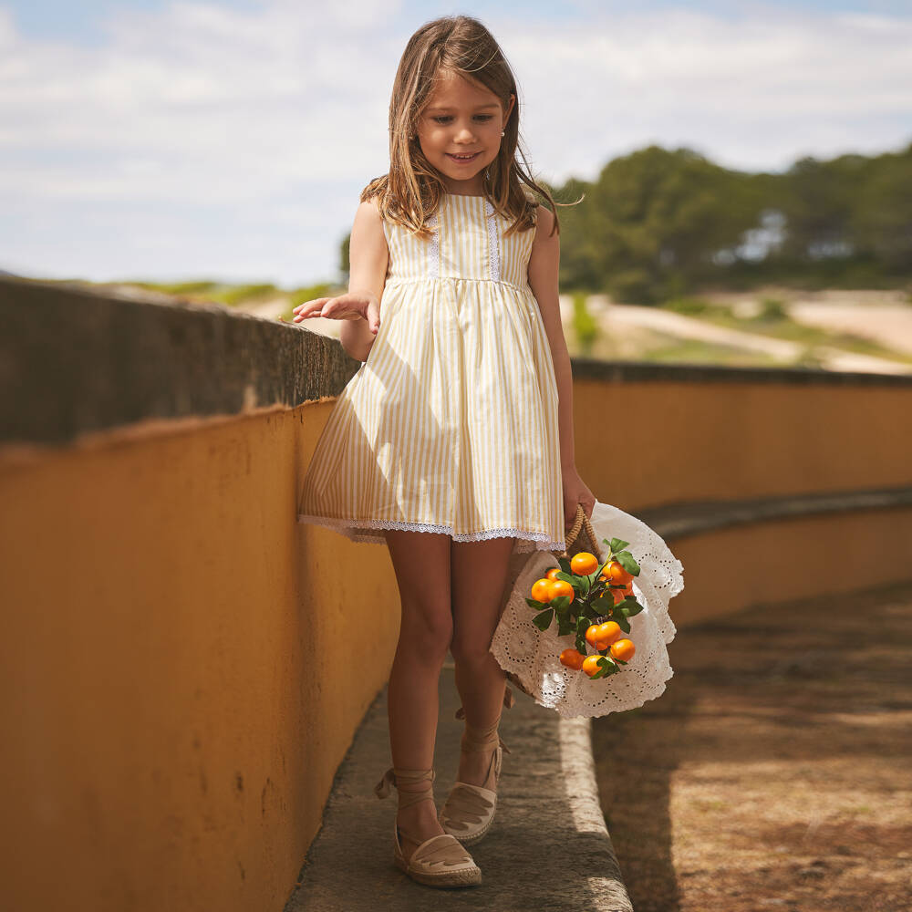 Babidu-Платье желто-белое в полоску из хлопка для девочек | Childrensalon
