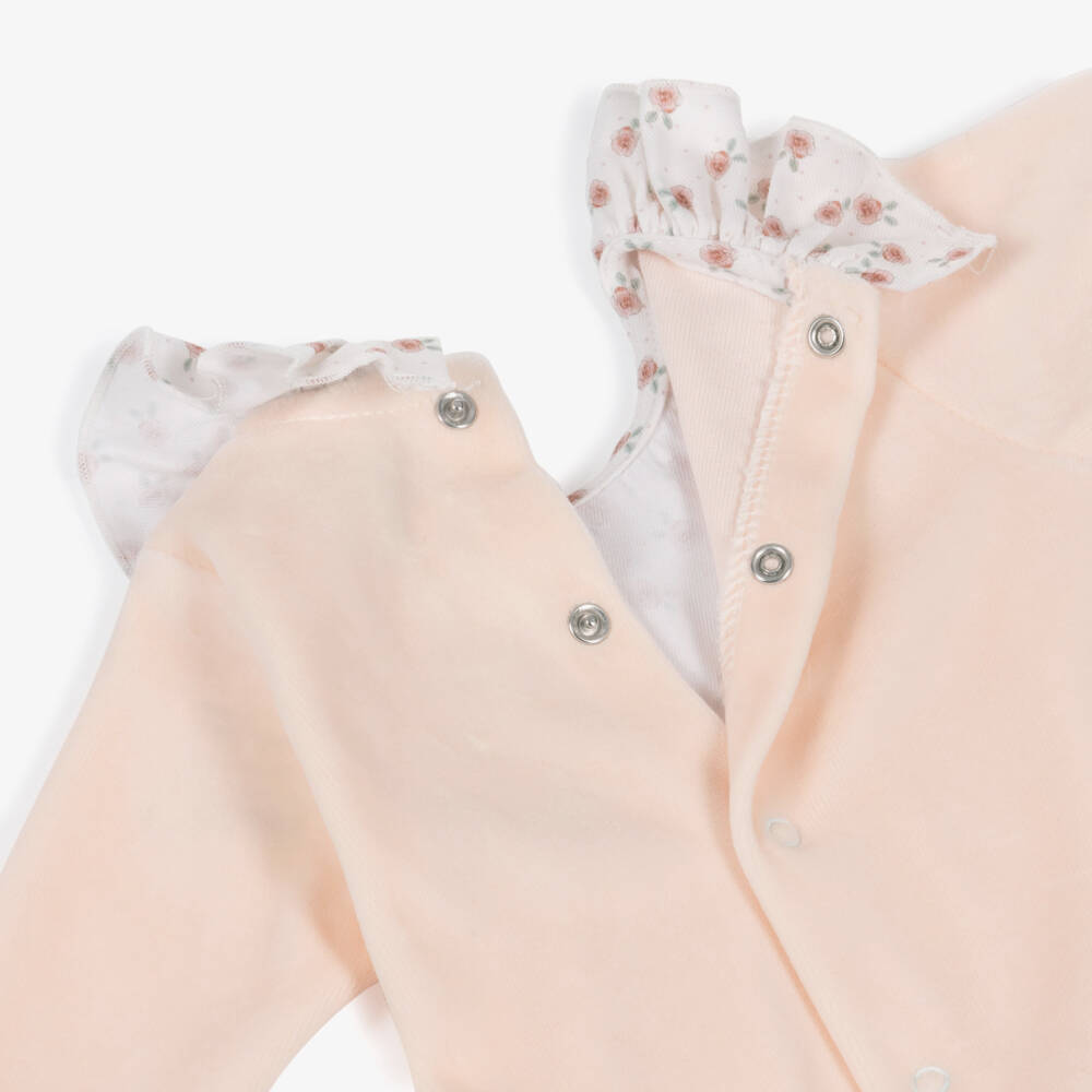 Babidu-Girls Peach Pink Velour Babygrow with Floral Ruffle Collar | Childrensalon